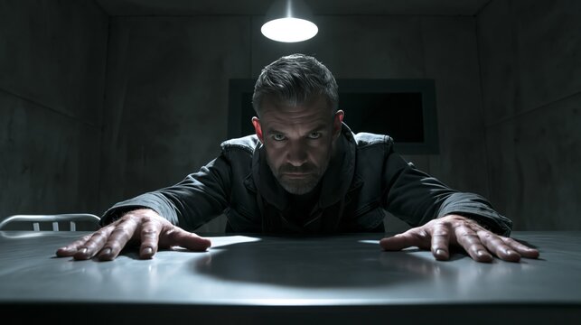 A detective leaning over a metal interrogation table under a bare lamp in a room with an observation window behind.
