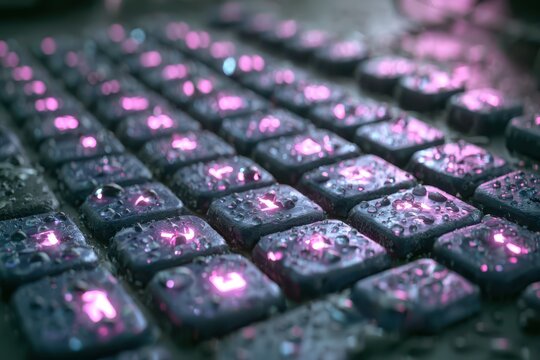 Close-up of a wet mechanical keyboard with glowing pink backlighting and water droplets.