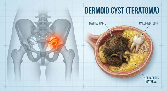 Dermoid Cyst Teratoma Illustration Pelvis X-ray Medical Diagram.
