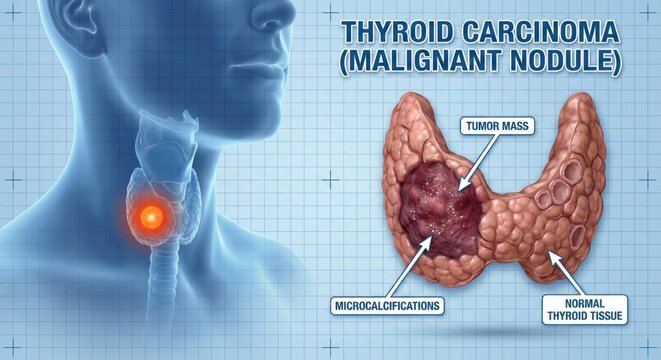 Human thyroid carcinoma malignant nodule medical illustration.