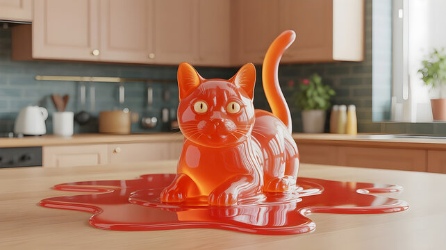 A cat made of jelly floating through a kitchen where gravity randomly shifts, objects bending and melting playfully, hyper-realistic textures with absurd physics