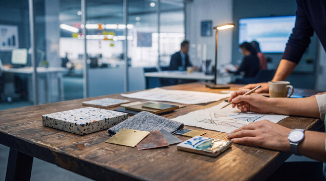 Creative architect sketching new designs with material samples on a rustic wooden desk in a modern office.