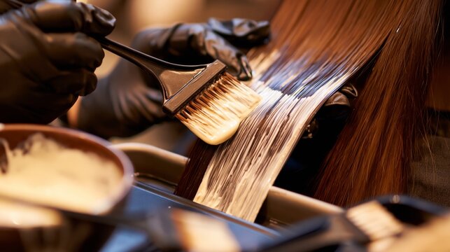 A colorist painting bleach lightener with a flat brush along dark hair in a balayage freehand technique.