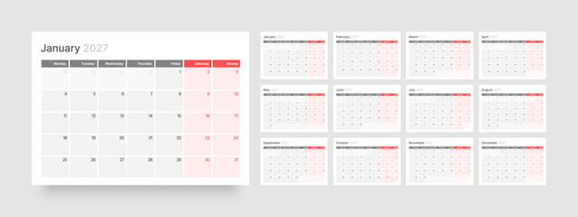 Fototapeta na wymiar Calendar template for 2027 year. Corporate Monthly planner, week Starts on Monday. 