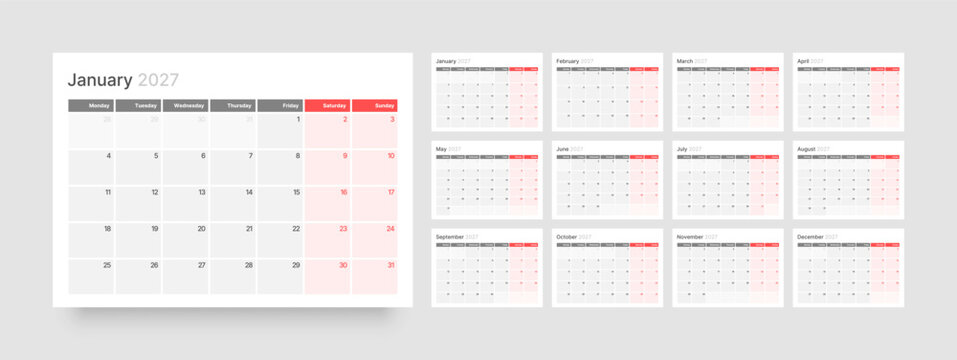 Calendar template for 2027 year. Corporate Monthly planner, week Starts on Monday. 