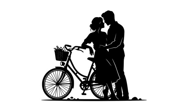 Romantic bicycle couple silhouette vector with intimate love pose illustration