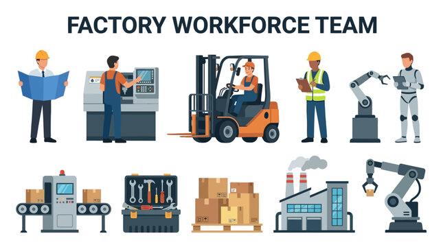 Factory Workforce Team with Machine Operator Forklift Driver Engineer and Industrial Robot