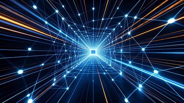 Futuristic digital tunnel with blue orange glowing lines and nodes on black background
