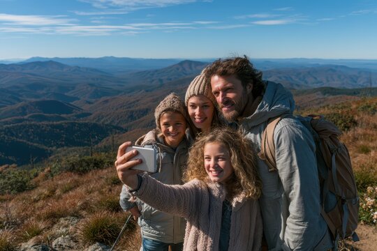 A happy family of four taking a selfie on a mountain peak with a stunning scenic landscape background.
