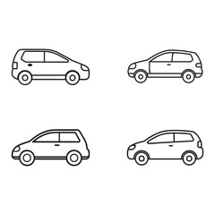Fototapeta premium Four different side views of minivan cars in simple line art style isolated on white background