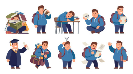 Fototapeta premium Male Student Character Set with Various Emotions and Academic Activities from Studying and Stress to Graduation for Education and School Projects