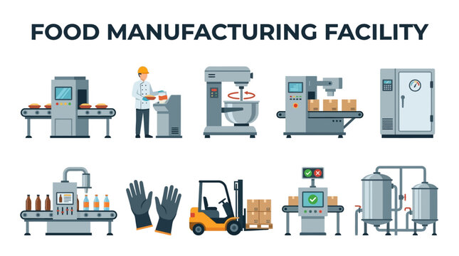 Food Manufacturing Equipment and Worker for Industrial Processing and Packaging