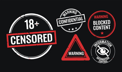 Obraz premium Censored and Warning Stamp Vector Set with 18 Plus Blocked Content and Confidential Information Signs on Black Background