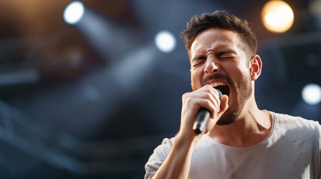 Male singer performing passionately on stage with microphone and dramatic concert lighting.