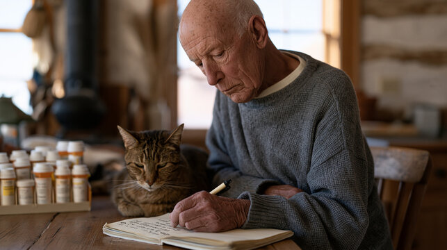 Elderly widower tracks his daily chronic pain levels in a worn composition notebook at a sparse kitchen table, prescription bottles arranged in a weekly organizer, a morning mist visible through the