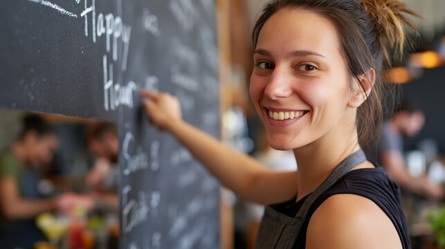 Smiling cafe worker in apron writing daily specials on chalkboard menu inside busy coffee shop.
