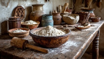 Fototapeta premium Ancient Kitchen Scene with Flour and Pottery.