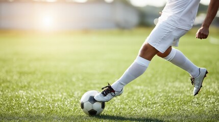 Obraz premium Soccer player kicking ball on sunny grass field, close up of legs in action with copy space.