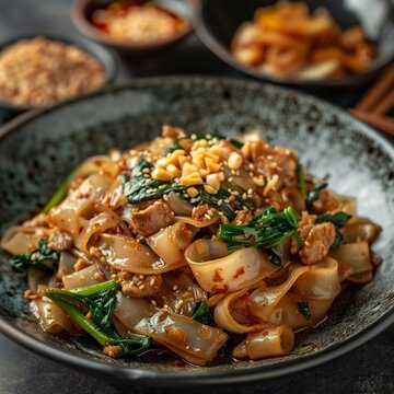 Thai noodle pad see ew soy sauce stir fry glossy noodles authentic Thai cuisine close up composition rich tones high detail food image