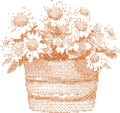 Pixelated floral arrangement in a woven basket with soft lighting and ample copy space