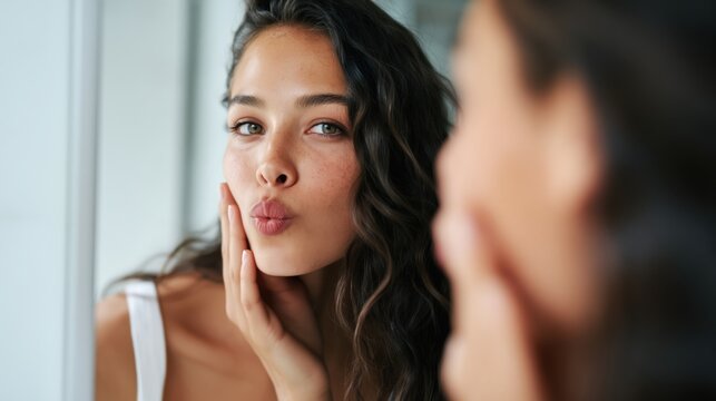 Young woman touching her face and pouting at a bathroom mirror in natural light, suggesting skincare and self-care routine.