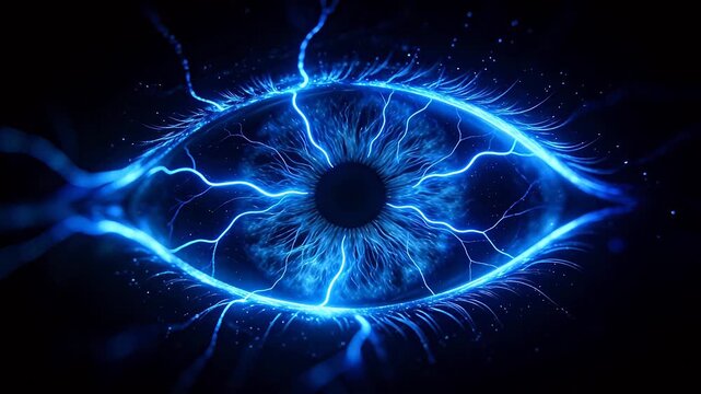 Abstract digital eye constructed with glowing blue lines and circuits