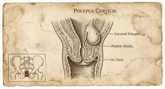 Vintage Medical Illustration Cervical Polypus Anatomy Diagram.