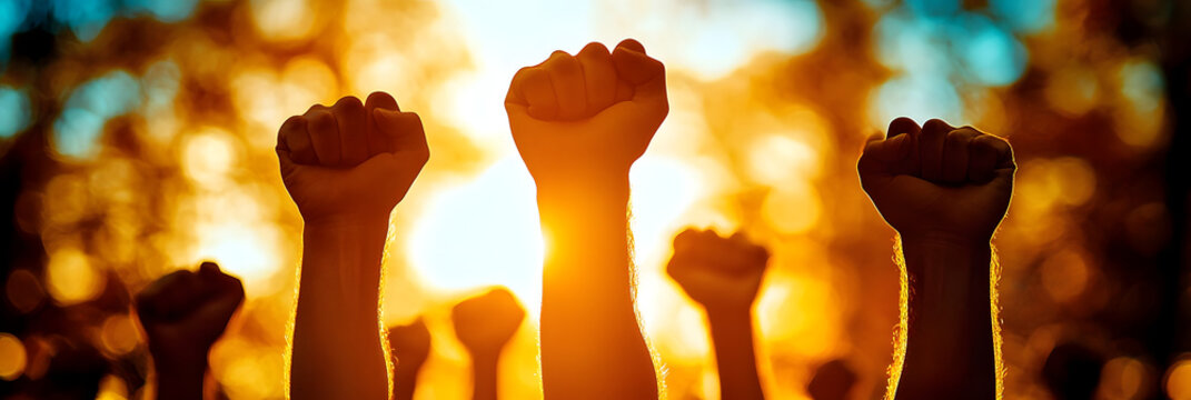 A horizontal banner showing raised human fists silhouettes together against a bright colorful blurred background for protest or unity concepts