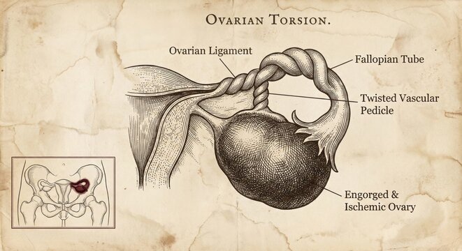 Detailed medical illustration depicting ovarian torsion twisted fallopian tube.