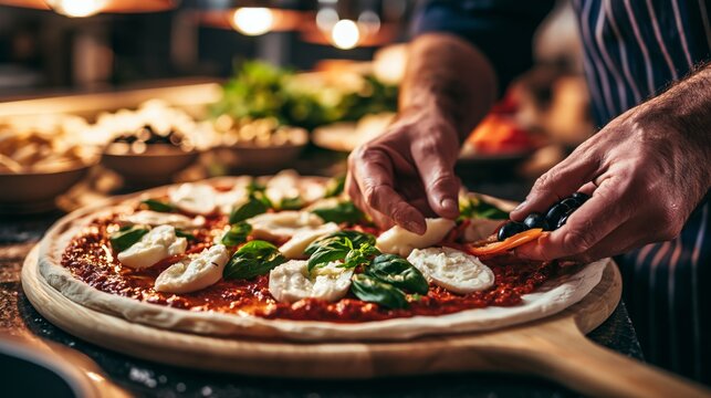 A chef's hands arranging white mozzarella slices and green basil leaves on a red sauce pizza base.