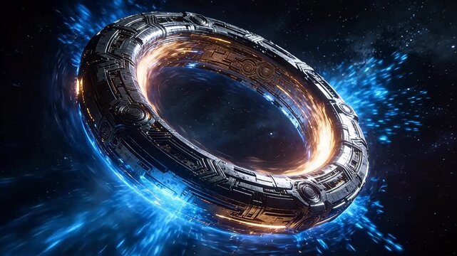 Giant sci-fi ring structure floating in deep space with surrounding stars