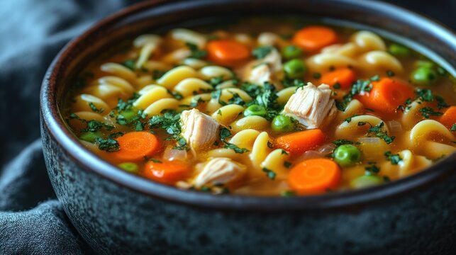 Chicken noodle soup closeup