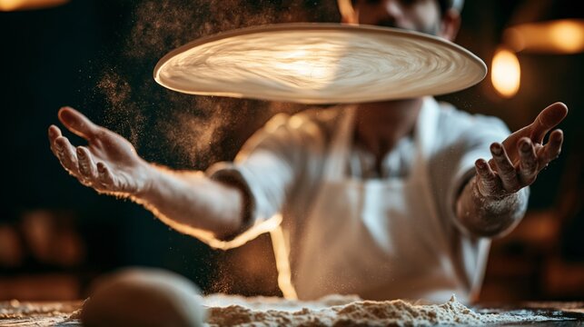 A pizza maker tossing a thin spinning dough disc into the air with flour dust suspended around it.