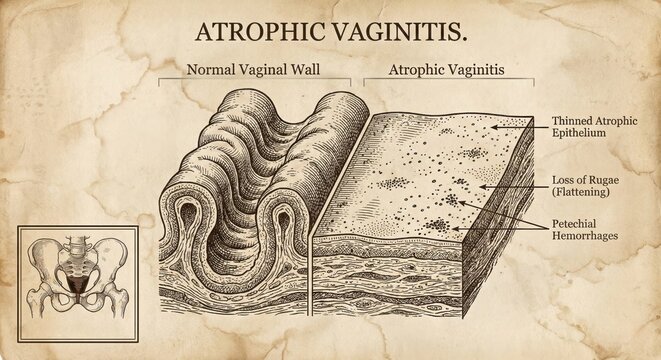 Detailed medical illustration comparing normal atrophic vaginal wall.