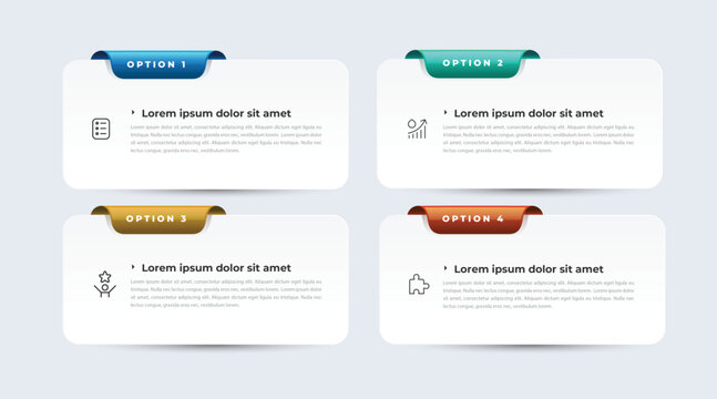 Set of four white rectangular cards Infographic with colorful folded tabs and icons