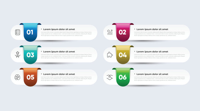 Infographic template with six numbered steps and colorful tags, bullet points