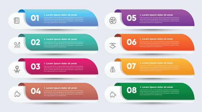 Set of eight colorful horizontal numbered infographic tabs banners with icons