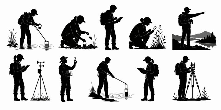 Scientists conducting experiments and collecting data in various outdoor environments with equipment and tools nearby always.
