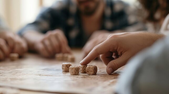 Group of people sitting around a wooden table, playing a board game. the table is covered with a piece of paper and there are several wooden dices scattered across it.