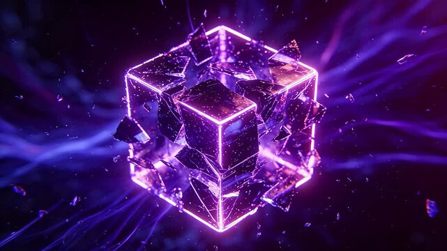 Floating transparent cube with glowing purple neon edges and fragments