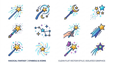 Magical fantasy star icons with wands and celestial symbols in clean flat vector style © Waqas
