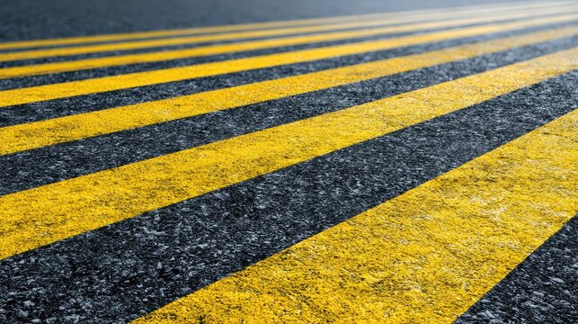 Textured asphalt road surface with bright yellow hazard stripes receding into distance