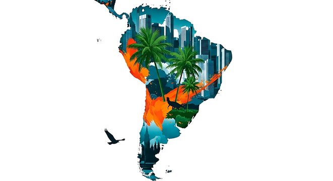 Vibrant south america map with palm trees and cityscape