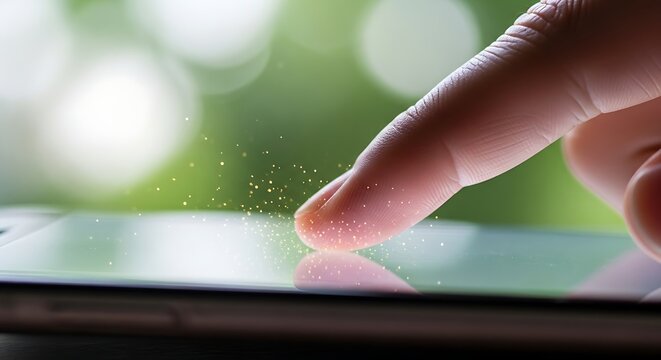 Finger touching tablet screen with sparkles