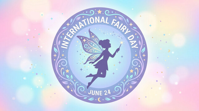 Whimsical fairy silhouette with sparkling wings on international fairy day badge with pastel background