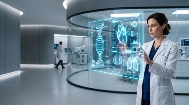 Healthcare innovation doctor analyzing genetic data in modern laboratory environment
