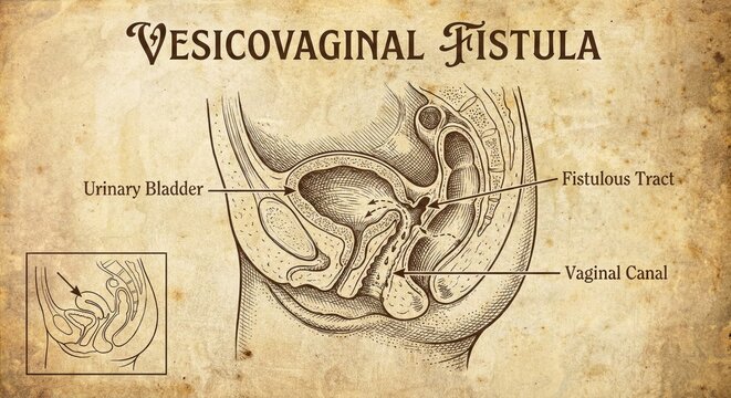 Vesicovaginal Fistula Diagram: Medical Illustration Explaining Condition.