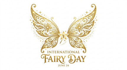 Golden fairy butterfly wings with international fairy day text on white background © Waqas