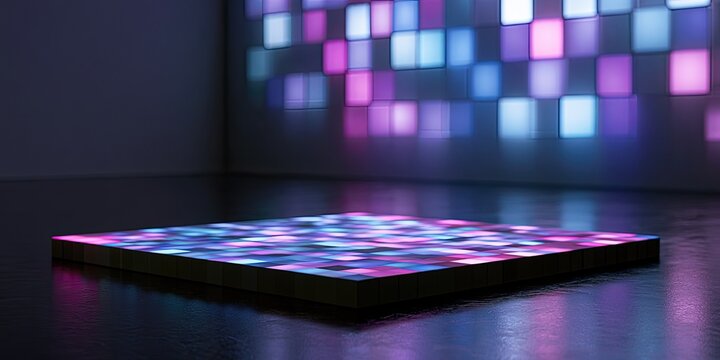 A platform with a flashing light display sits on a dark, reflective floor