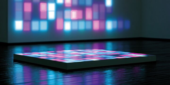 Illuminated platform and wall display with glowing geometric squares
